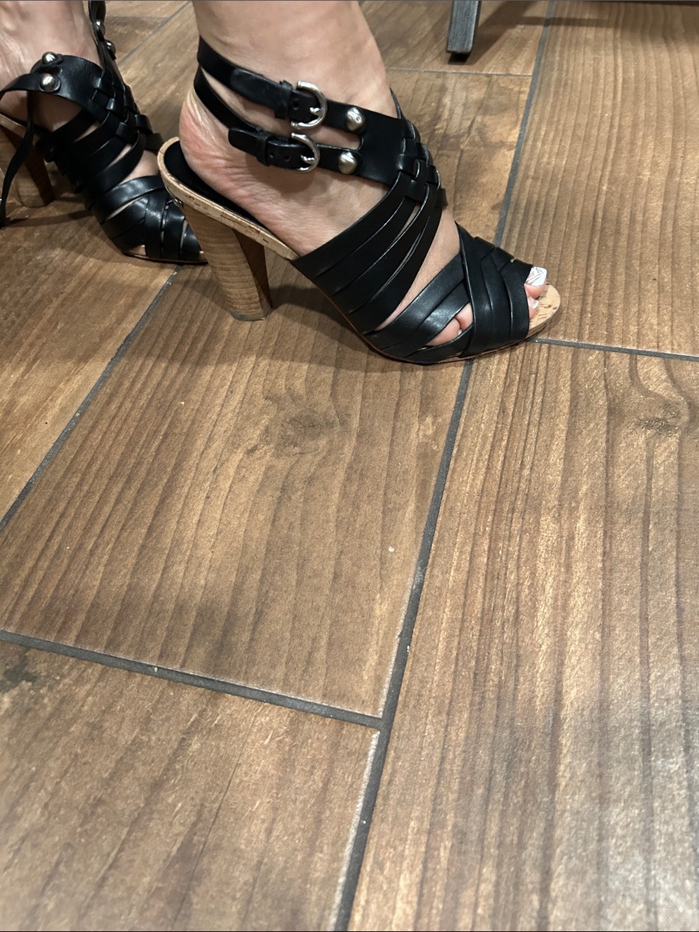 Coach Black Leather Strappy Sandals with Wood-Tone Block Heel - Picture 13 of 13
